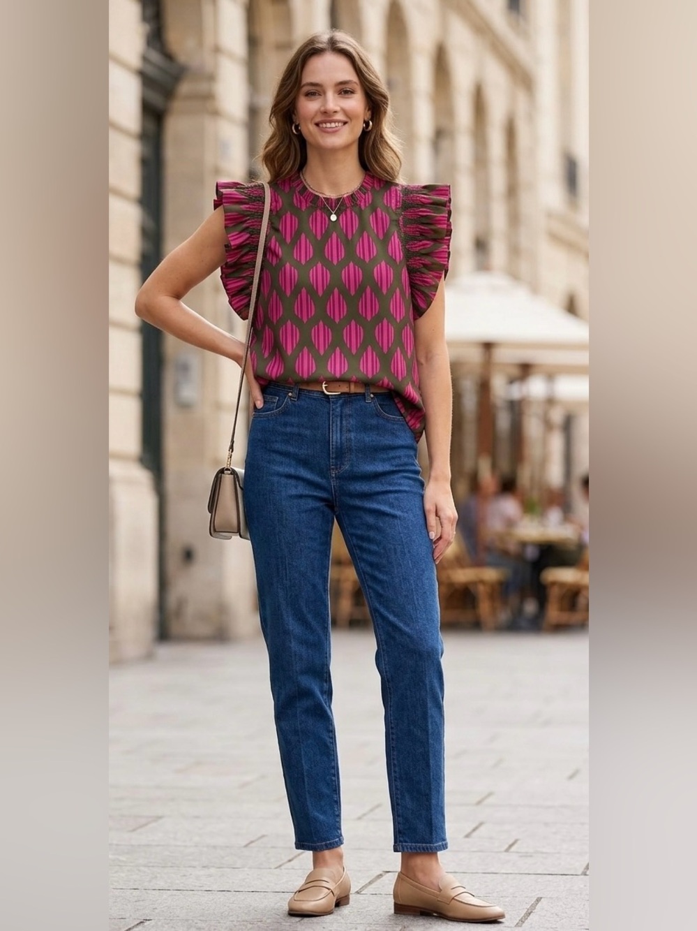 J. Marie Napa Ruffle Sleeve Top Olive & Magenta Leaf Print Size S
